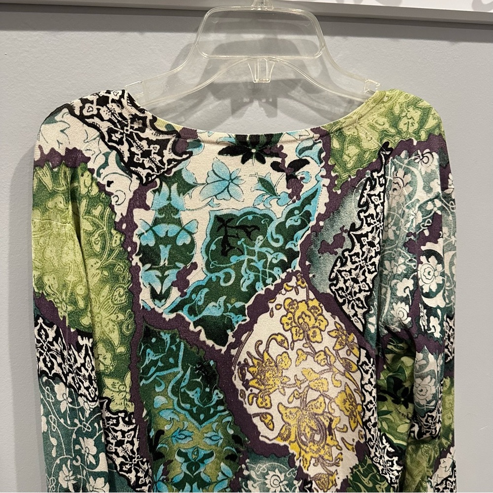 Silk Lightweight Knit Long Sleeve Sweater V-Neck Abstract Floral Y2K Grunge Lg - Picture 12 of 16